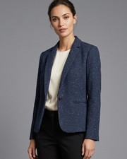 Ann Taylor Blazer Womens 10P Blue Polyester Rayon Spandex Tweed Lined One-Button