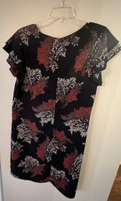 Ces Femme Botanical Floral Shift Dress Navy Coral Orange Short Sleeve Size L