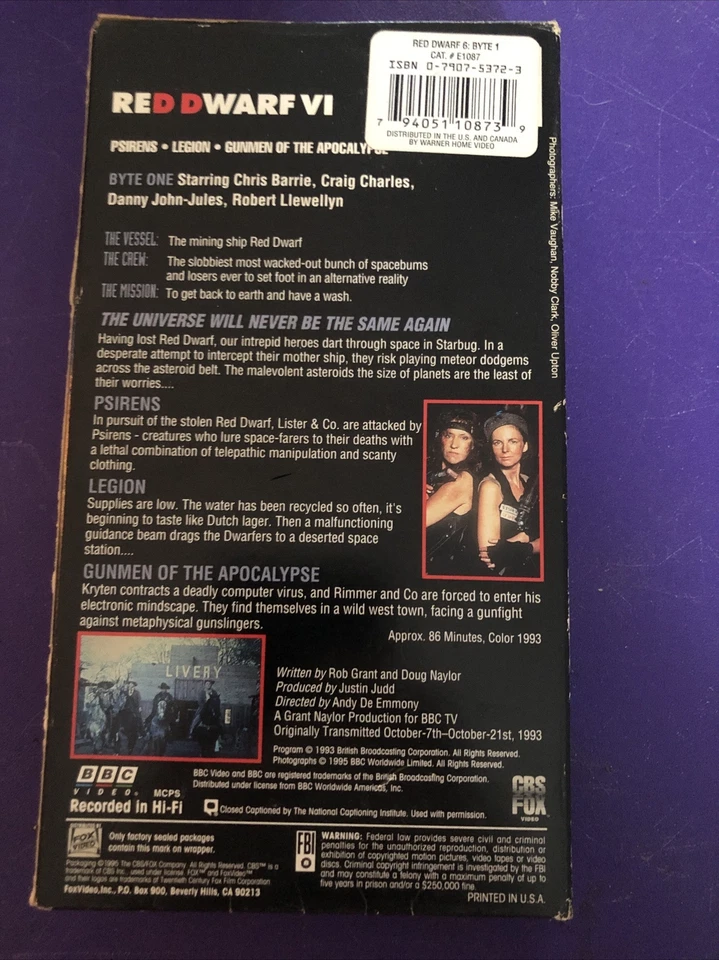 Red Dwarf VI Byte One VHS 1995 Gunman Of The Apocalypse BBC Video  - Image 2 of 3