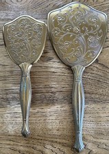 Vintage Vanity Set 2 Piece Gold Tone Hand Mirror And Brush Art Deco Floral,Heavy
