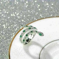 Unique 2Ct Round Created Green Emerald Diamond Snake Ring14K White Gold Plated
