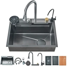 24 in Flying Rain Stainless Steel Waterfall Kitchen Sink with Faucet Single Bowl