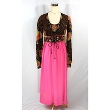 Vintage Pink Paisley Hippie Boho Long Sleeve Belted Maxi Dress Gown S M 1970s