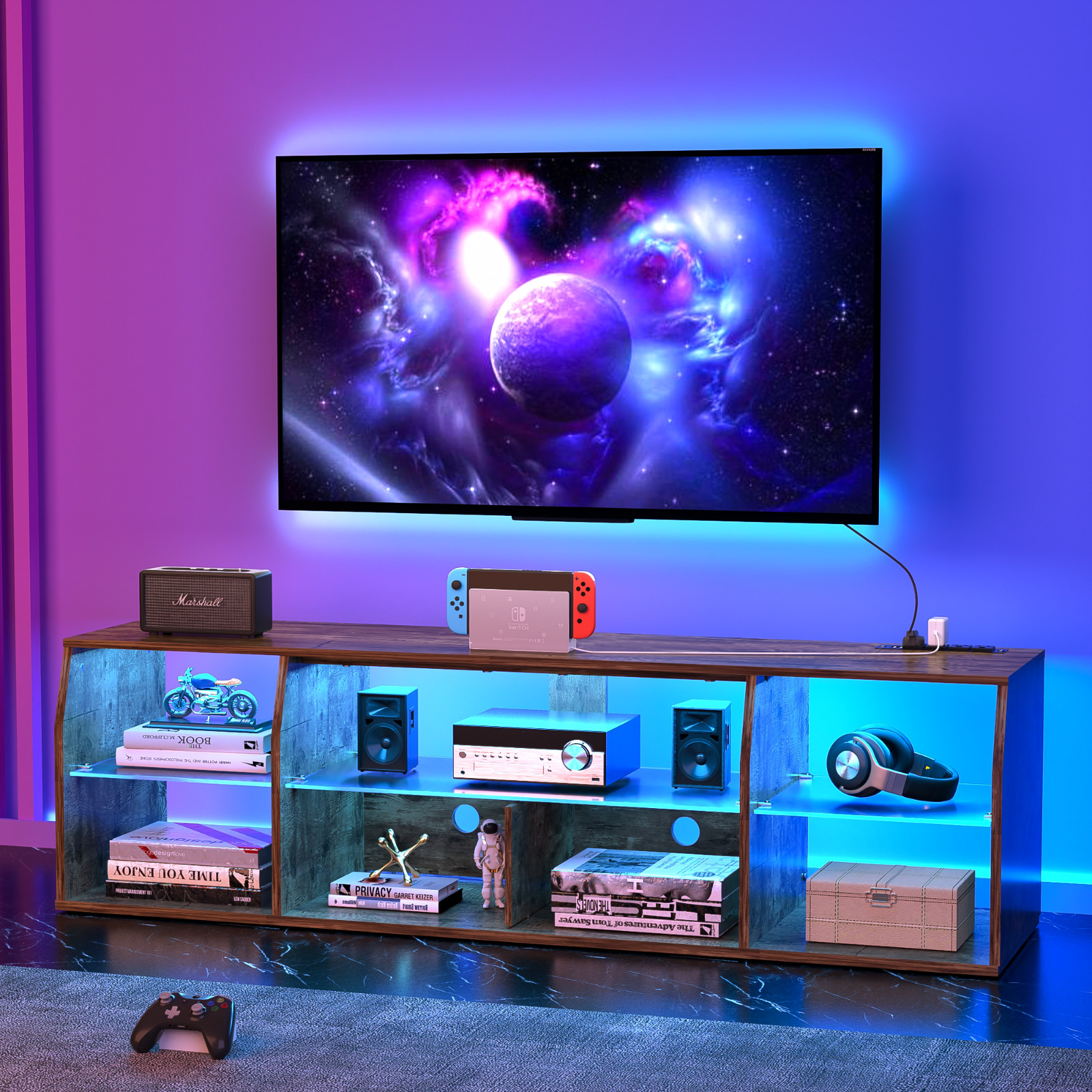 With Led Light Power Outlets Entertainment Center Coffee Console Table