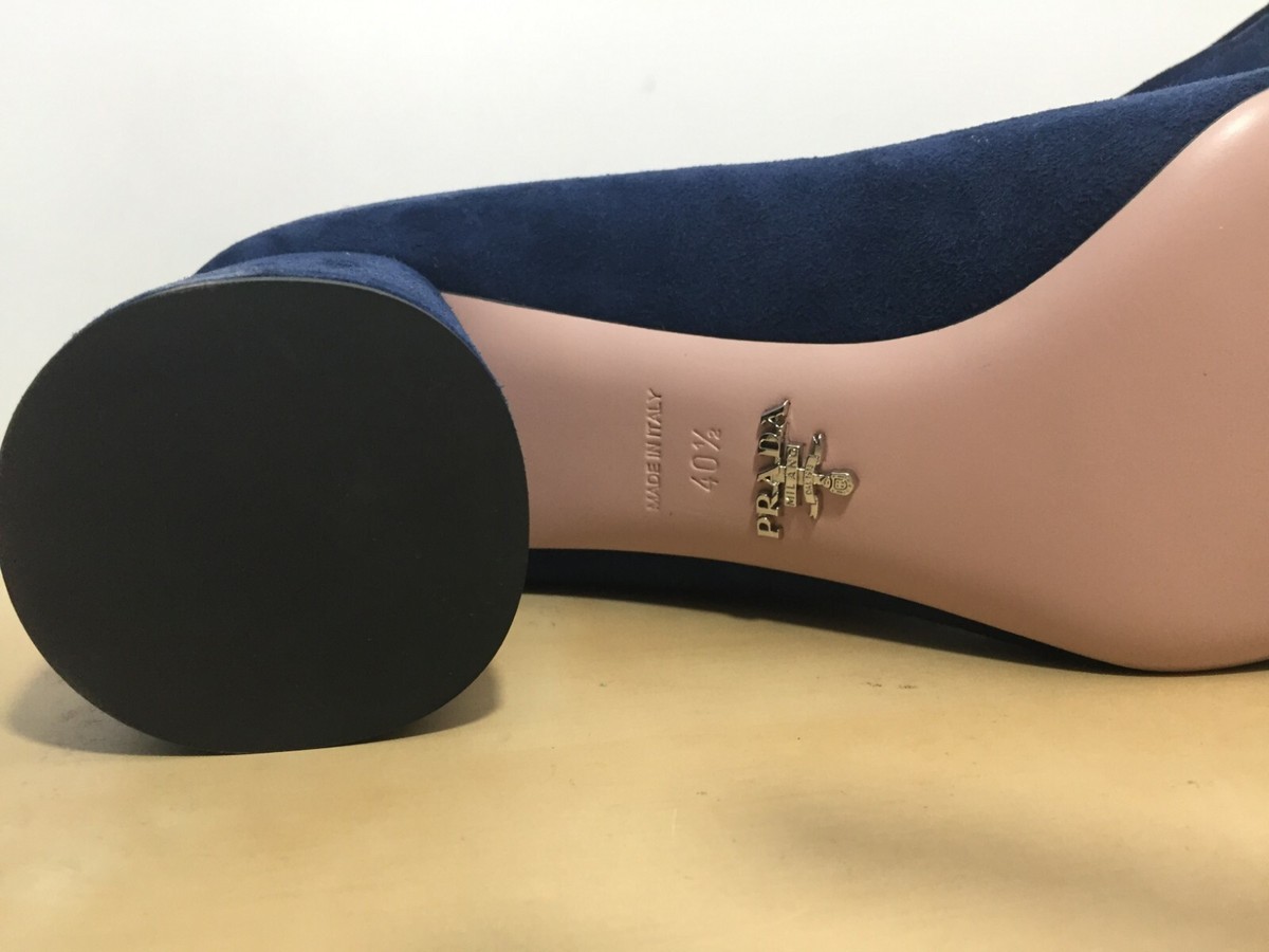NEW PRADA Block Heel Navy Blue Suede Square MARY JANE Silver