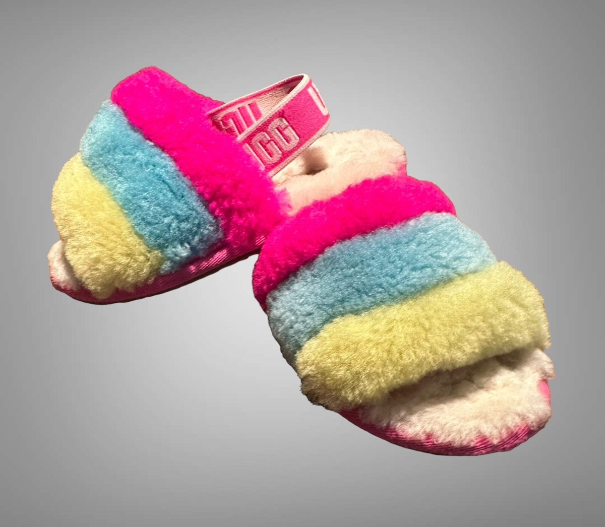 UGG Fluff Yeah Slide Slipper Sandal Neon Rainbow White Baby Girls