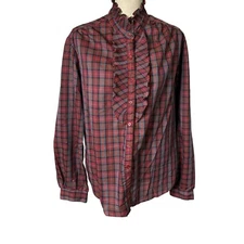 Laura Mae Blouse Womens Size 42 Plaid Ruffle High Neck Modest VTG Long Sleeve