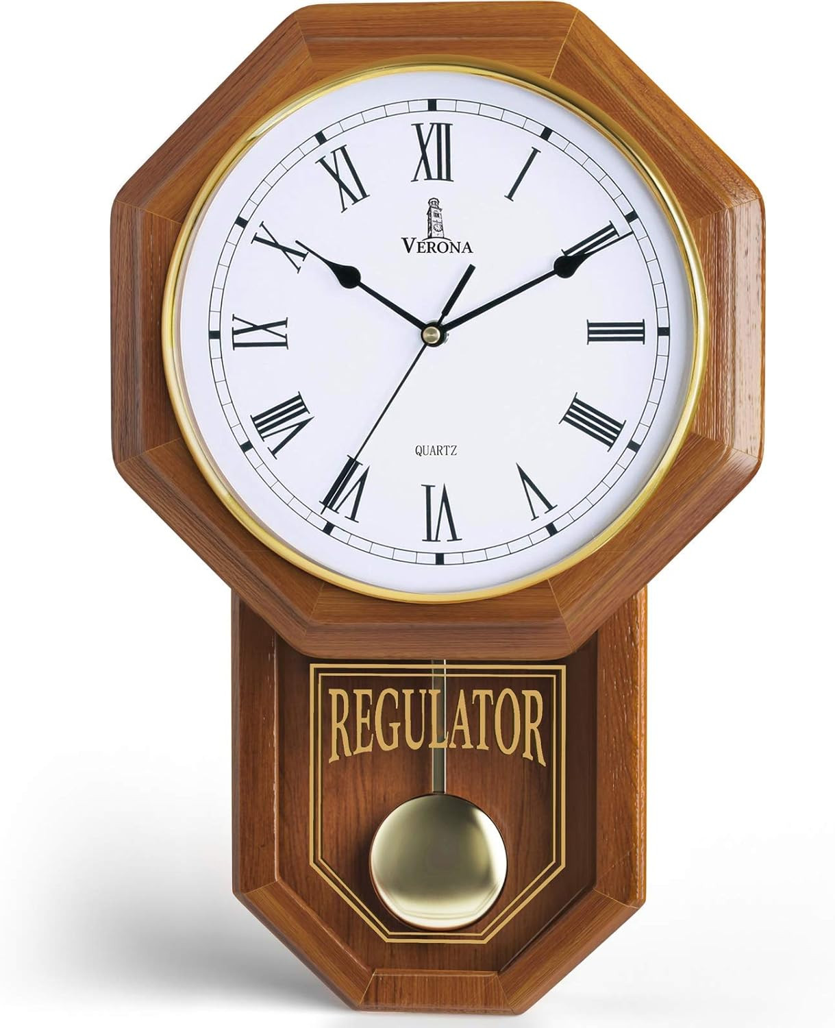 Pendulum Wall Clock Battery Operated - Real Wood Regulator Clock - Schoolhouse D