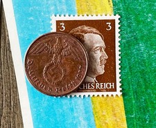 X-RARE 1937-A NAZI 🔥 2pf SWASTIKA Coin & Hitler STAMP LOT WW2 3rd Reich GERMANY
