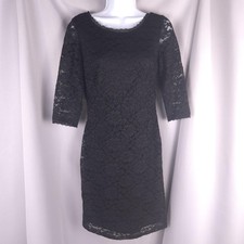 Eliza J Dress Womens 2 Black Lace Sheath 3/4 Sleeve Gold Logo Zip Cocktail LBD