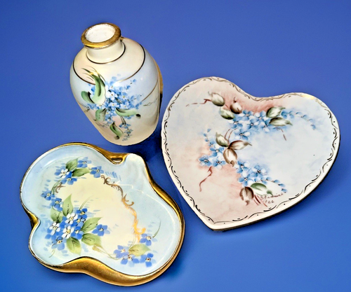 3 Vintage Blau Vergissmeinnicht Gold Blumen Waschtisch Porzellan Schale Limoges Piccard - Bild 1 von 15