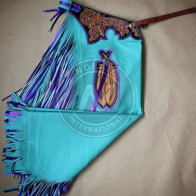 Custom Hand Tooled Leather Rodeo Chaps Western Bull Riding Cowboy Gear Fringe