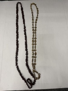 2 Pc Long Statement Necklace Lot Brown Seed Beads Floral Resin Boho 