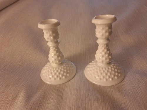 Fenton Milk Glass Hobnail Candlestick Holder 6” Tall  Pair Excellent Condition