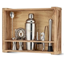 Mixology 11-Piece Cocktail Shaker Set with Rustic Wood Stand