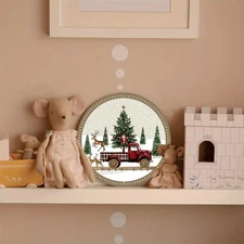 Aluminum Round Wreath Sign Red Truck Santa Claus Reindeer