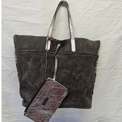 Baldinini Trend Tote Bag Womens Large Gray Suede Shearling Italy Metallic