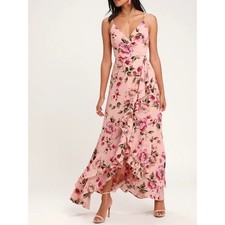 Lulus Pink Floral Maxi Wrap Dress Ruffle Hem Adjustable Straps Womens Medium