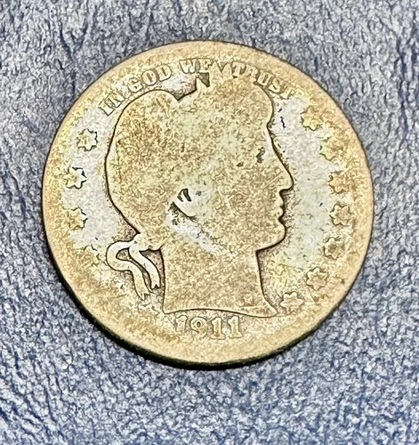 1911-S Barber Quarter. 90% Silver. Good Condition. Charity Auction.