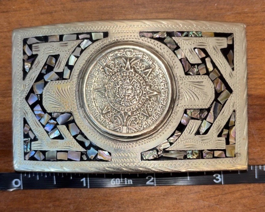 Vintage Alpaca Aztec Calendar Silver Abalone Shell Inlay Mexico Belt Buckle (E59