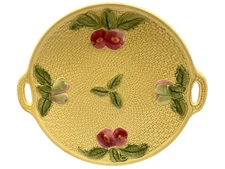 Vtg Majolica Plate 2 handles 11 in Germany 2883 Plums or Cherries Fruit Yellow