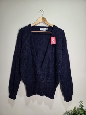 Vintage S/M Wolle Mohair Mischung Strickjacke Katies Marine Knöpfe