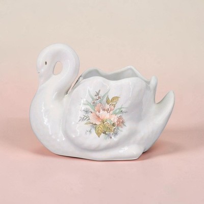  Vintage Keramik Schwan Übertopf Blumenstrauß weiß Porzellan Figur 17 cm