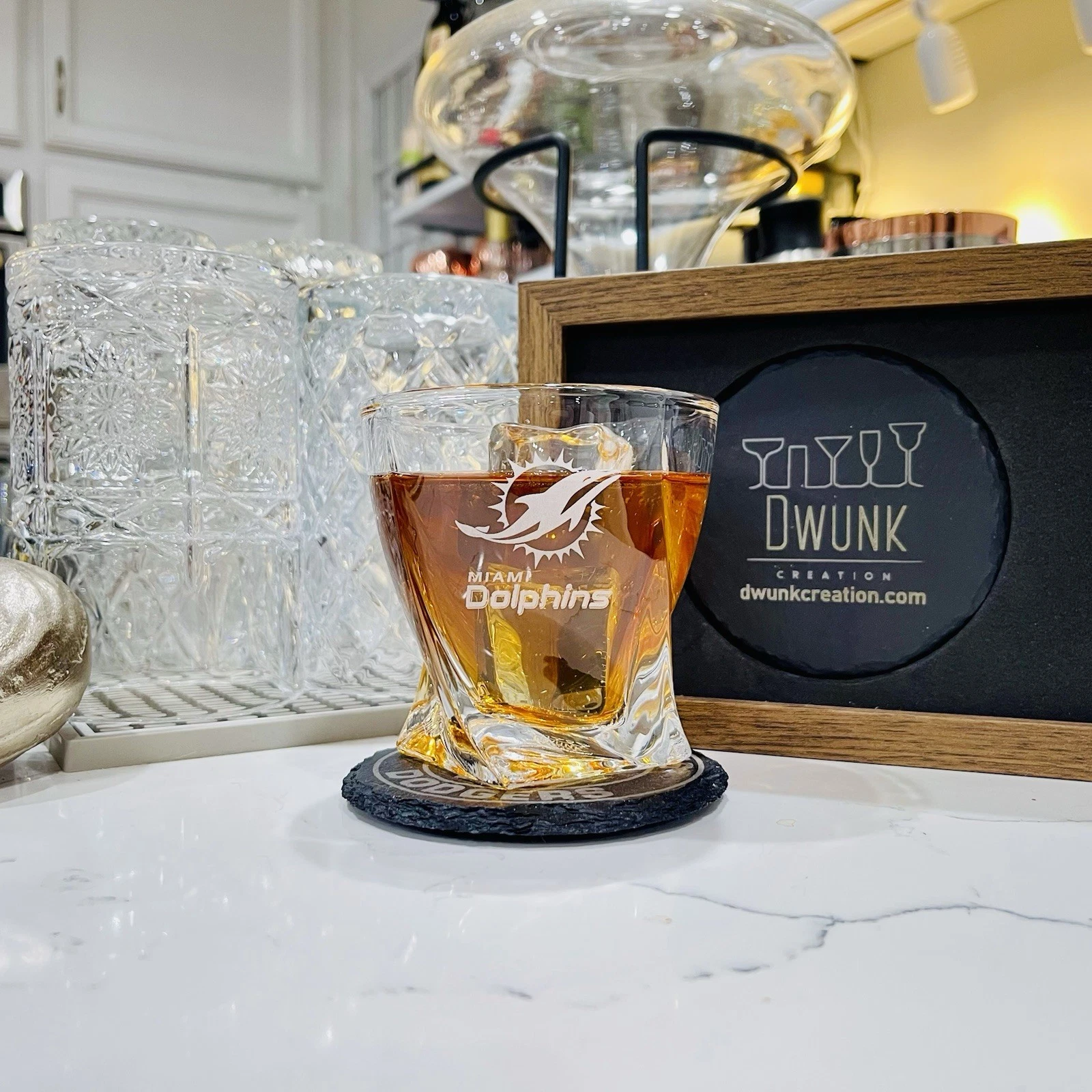 Engraved Miami Dolphins Whiskey Glass - Twisted Whiskey Glasses