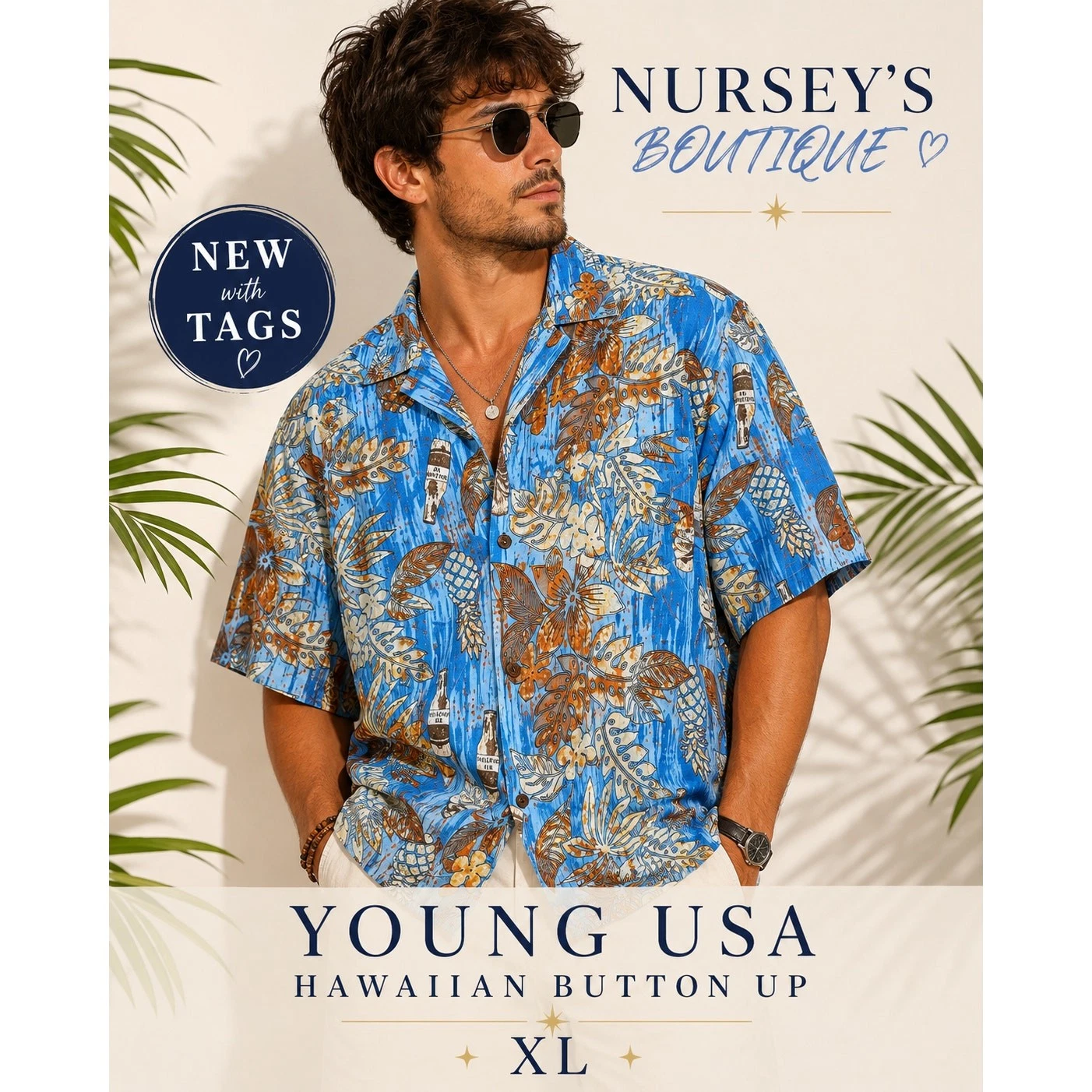 Young USA XL Hawaiian Shirt Volcano Ale Beer Pineapple Tropical Rayon NWT