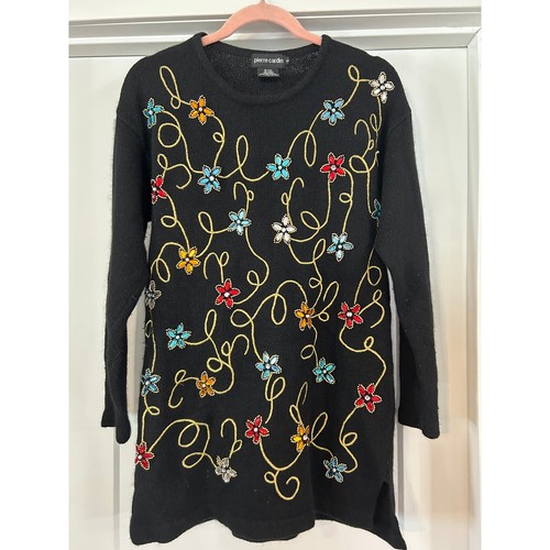 Pierre Cardin, Vintage Pierre Cardin Black Beaded Floral Embellished Silk Angora Sweater Small