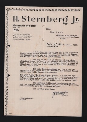 BERLIN, Brief 1937, H. Sternberg jr. Herren-Wäsche-Fabrik Estee