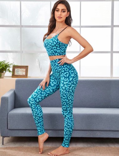 Leopardenmuster Yoga Set Outfit Crop Top mit High Waist Legging dehnbar  - Bild 3 von 13
