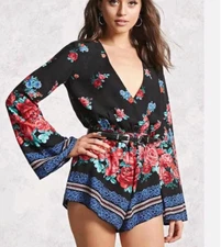 Forever 21 Black Floral Boho Lined Bell Sleeves Romper Women Size S