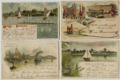 4 1899-01 Hamburg Germany Beautiful Lithographed Postcards Gruss Aus 