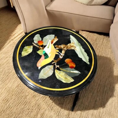 Black Marble Coffee Table with Floral Semi-Precious Stone Inlay Handcrafted arts