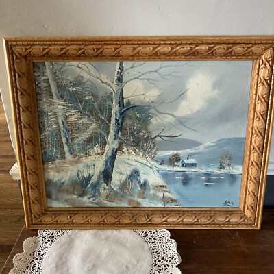 Winter Oil Painting Textured Glitter Blue Tone 19x15 