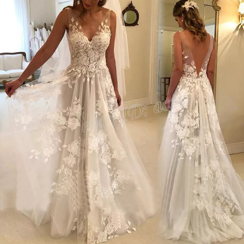 Boho Wedding Dresses V-Neck Backless Lace Applique A Line Bridal