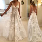 Boho Wedding Dress Bridal Gown V-Neck Backless Lace Applique A Line Sheer Custom
