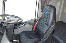 TRUCK  SEAT COVERS COMPATIBLE VOLVO FH4 2013+ ECO LEATHER BLACK & BLUE STITCHES