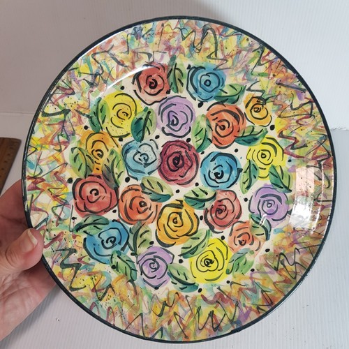 Vibrant Floral Art Pottery Large 26cm Serving plate bowl by Mary Rose Young 1988 - Picture 4 of 15