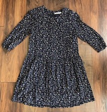 Vintage Navy Floral Dotted Print Dolly Shirt Collar Tunic Dress Size M