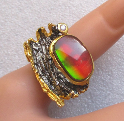 Edler Designerring-Bandring 925er Silber-Ammolite-14ct Gold - RG gut 18,5 - 58