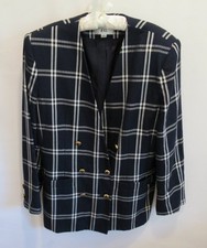 Kasper navy blue plaid V-neck double breasted lined long sleeve jacket Sz 14 