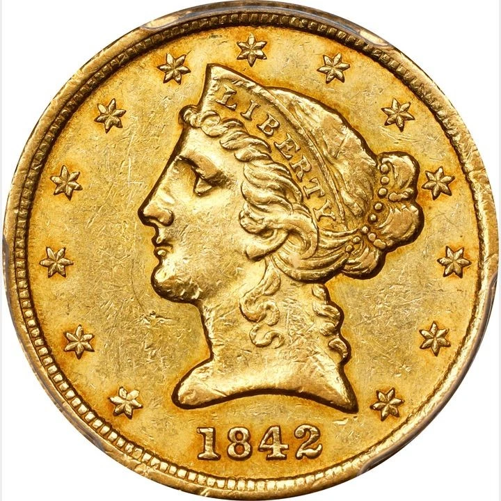 1842 $5 Small Letters Liberty Head Half Eagle PCGS AU55 (CAC)