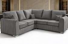 Grey Plush 2C2 Corner Sofa Velvet Fabric L Shape Sofa Suite Modern Living Room