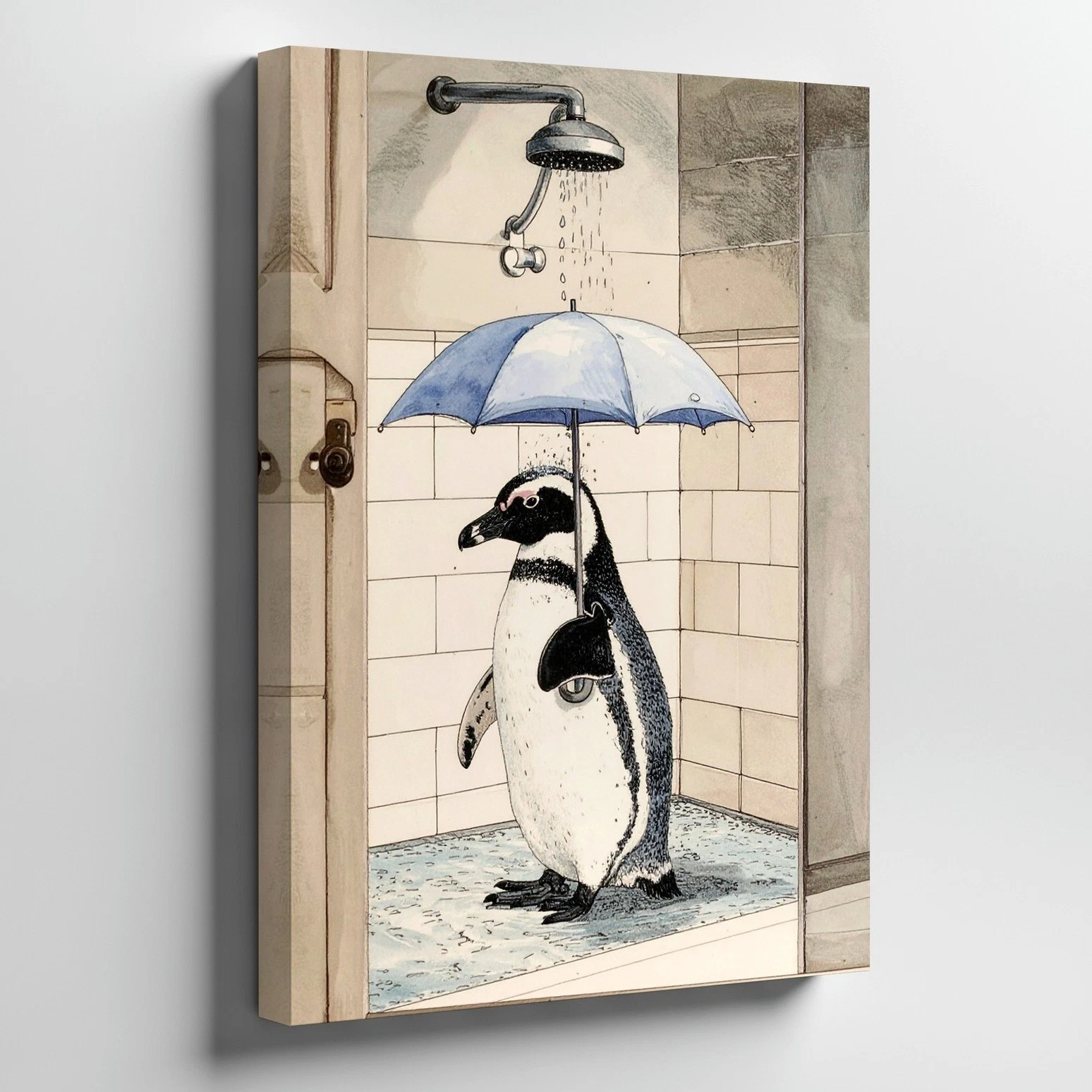 Canvas Wall Art a Quirky Illustration of a Penguin Standing Under a Shower in
Opens in a new window 