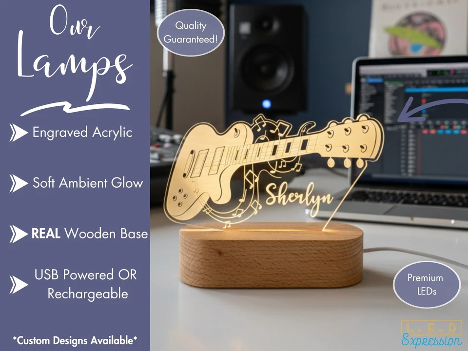 Luz de nombre personalizada para guitarra, lámpara LED personalizada para amantes de la música Foto 2 de 4