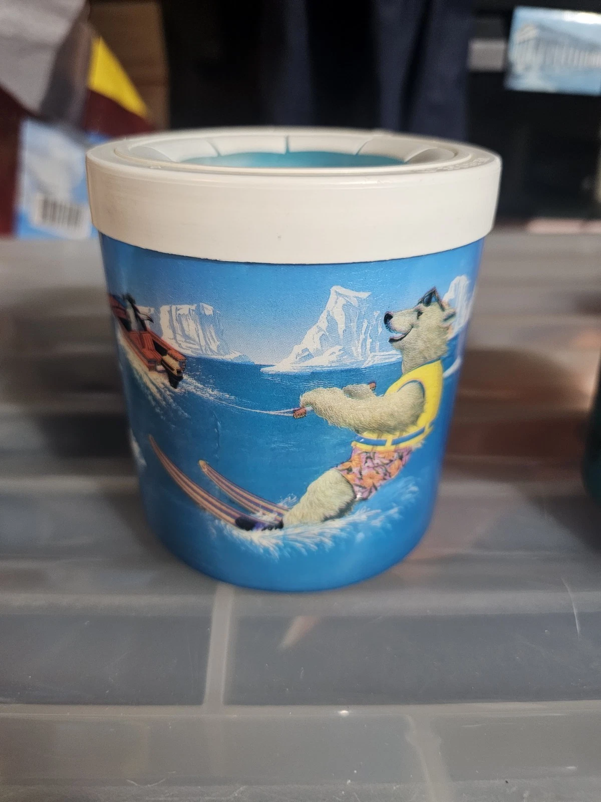 Vintage Polar Bear Koozie Can Cooler Ski Scene Candea Canada Retro Drink Holder