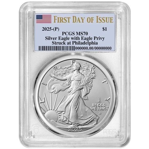 2025 (P) $1 American Silver Eagle First Eagle Privy PCGS MS70 FDOI Flag Label