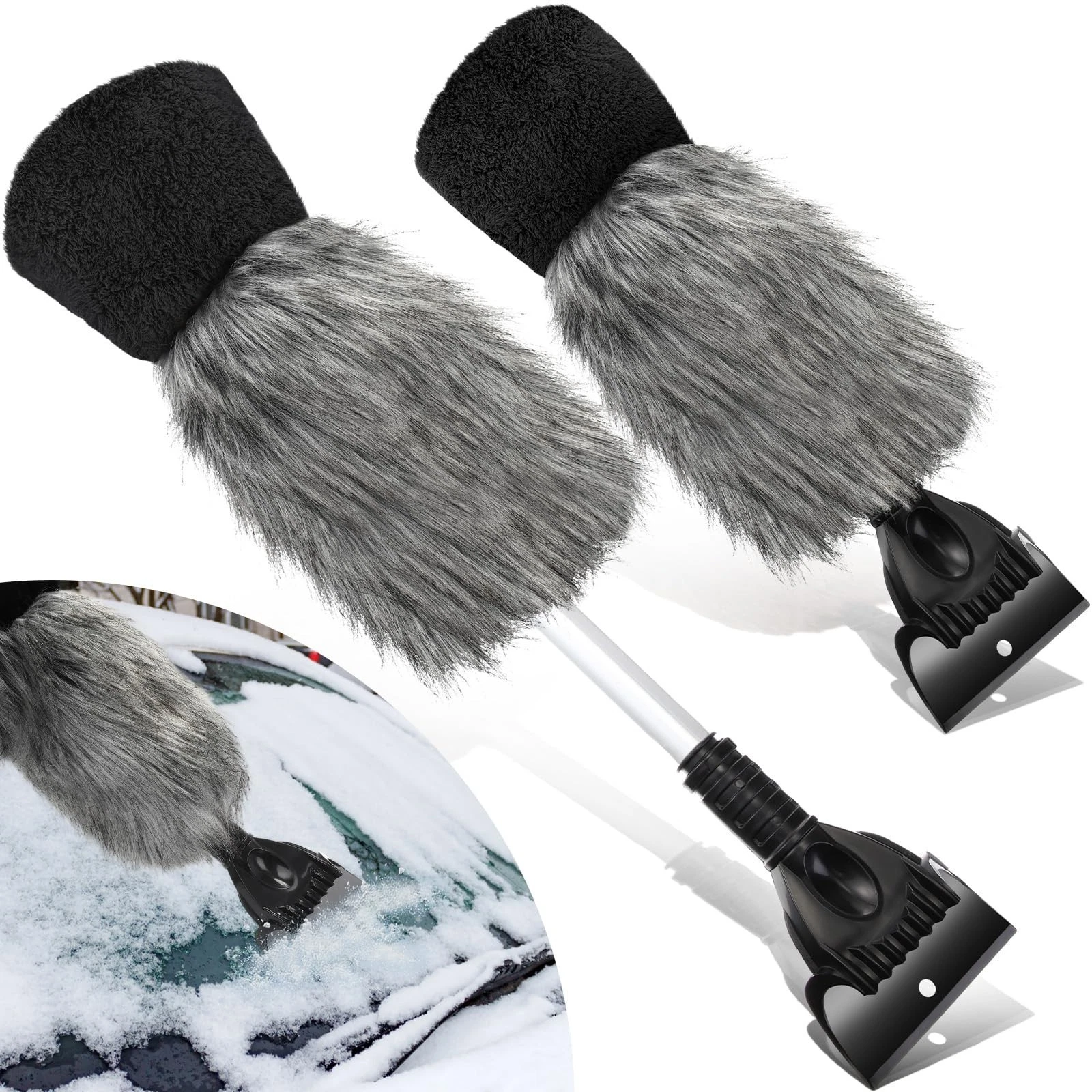 2 Pcs Retractable Ice Scraper & Faux Fur Glove Set for Car Windshield Snow Remov